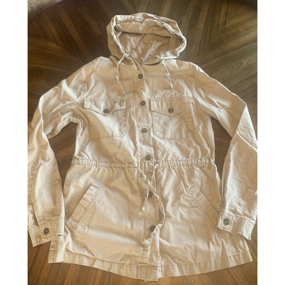 Love Tree Free People Canvas Cargo Coat Womens Small Cream Hooded Utility Jacket - Picture 2 of 14